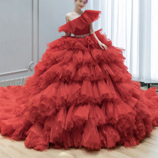 One Shoulder Ball Gown Tulle Red Wedding Dress Luxury Gown