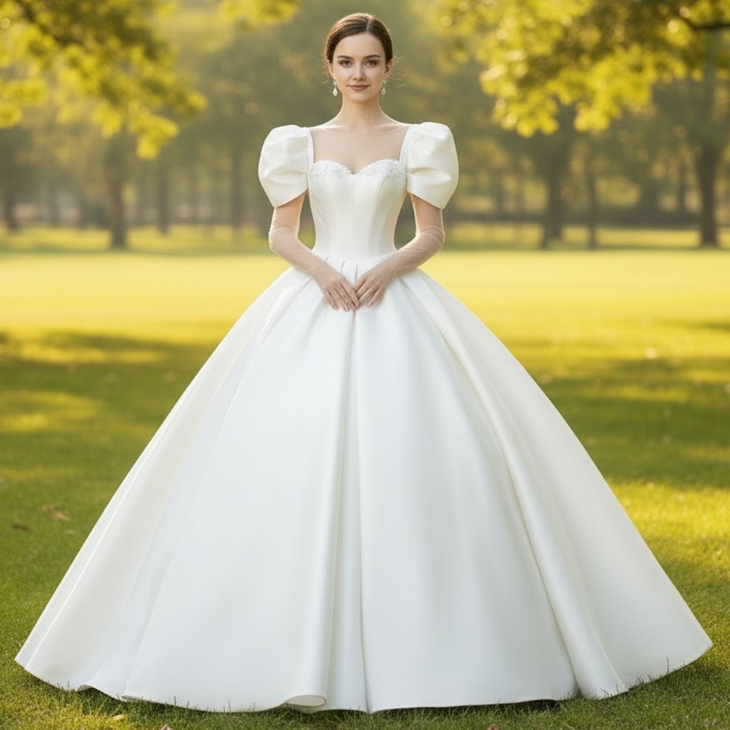 Ball Gown Satin Wedding Dress & Bridal Gown with Puff Sleeve - Rosymae