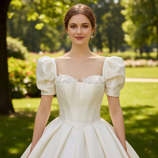 Ball Gown Satin Wedding Dress & Bridal Gown with Puff Sleeve - Rosymae
