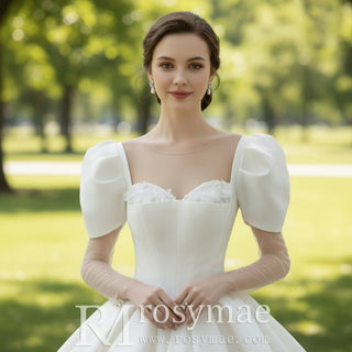 Ball Gown Satin Wedding Dress & Bridal Gown with Puff Sleeve - Rosymae