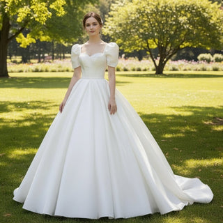 Ball Gown Satin Wedding Dress & Bridal Gown with Puff Sleeve - Rosymae