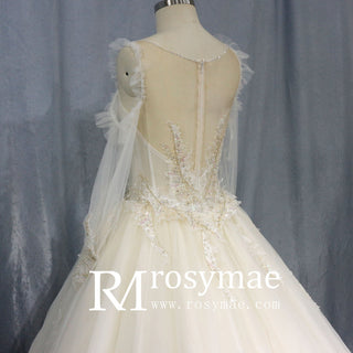 Ball Gown Sheer Long Sleeves Tulle Bride Wedding Dress - Rosymae
