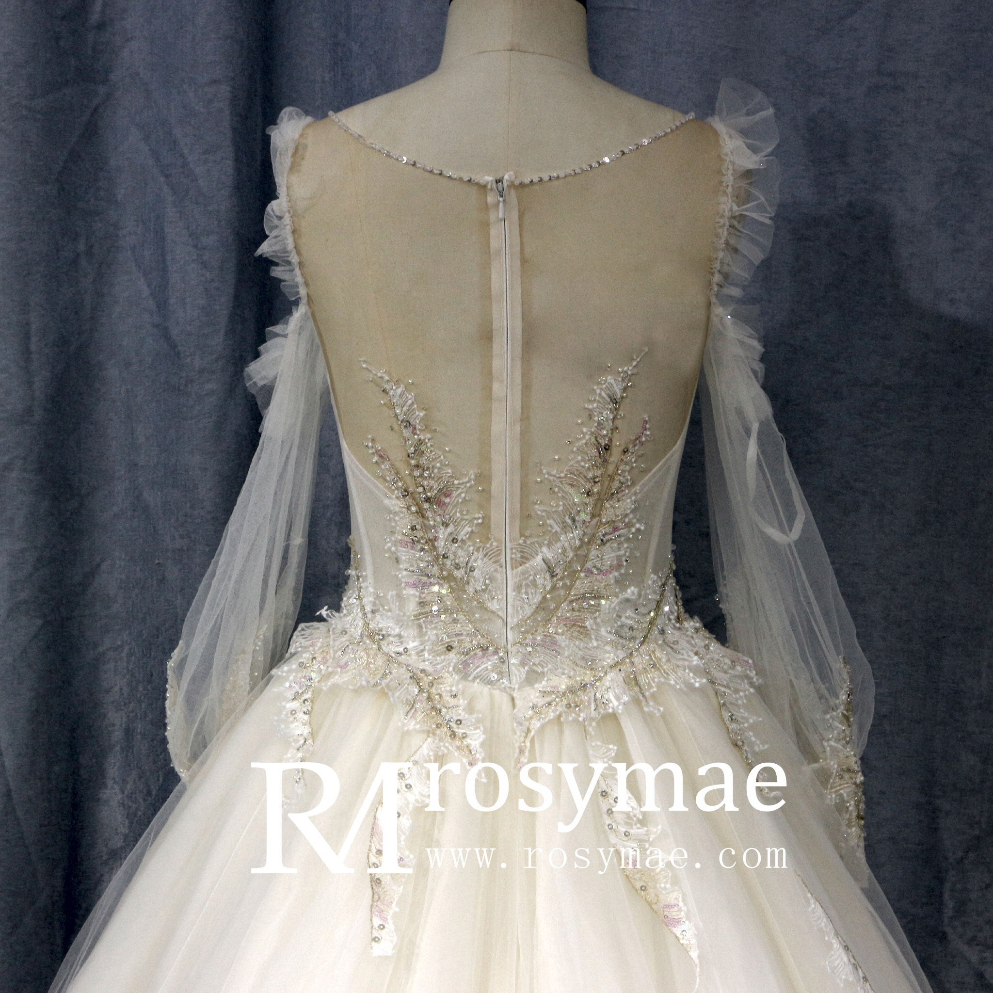 Ball Gown Sheer Long Sleeves Tulle Bride Wedding Dress - Rosymae