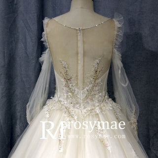 Ball Gown Sheer Long Sleeves Tulle Bride Wedding Dress - Rosymae