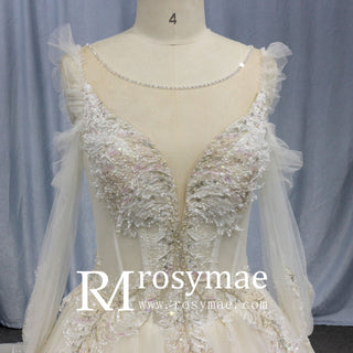 Ball Gown Sheer Long Sleeves Tulle Bride Wedding Dress - Rosymae