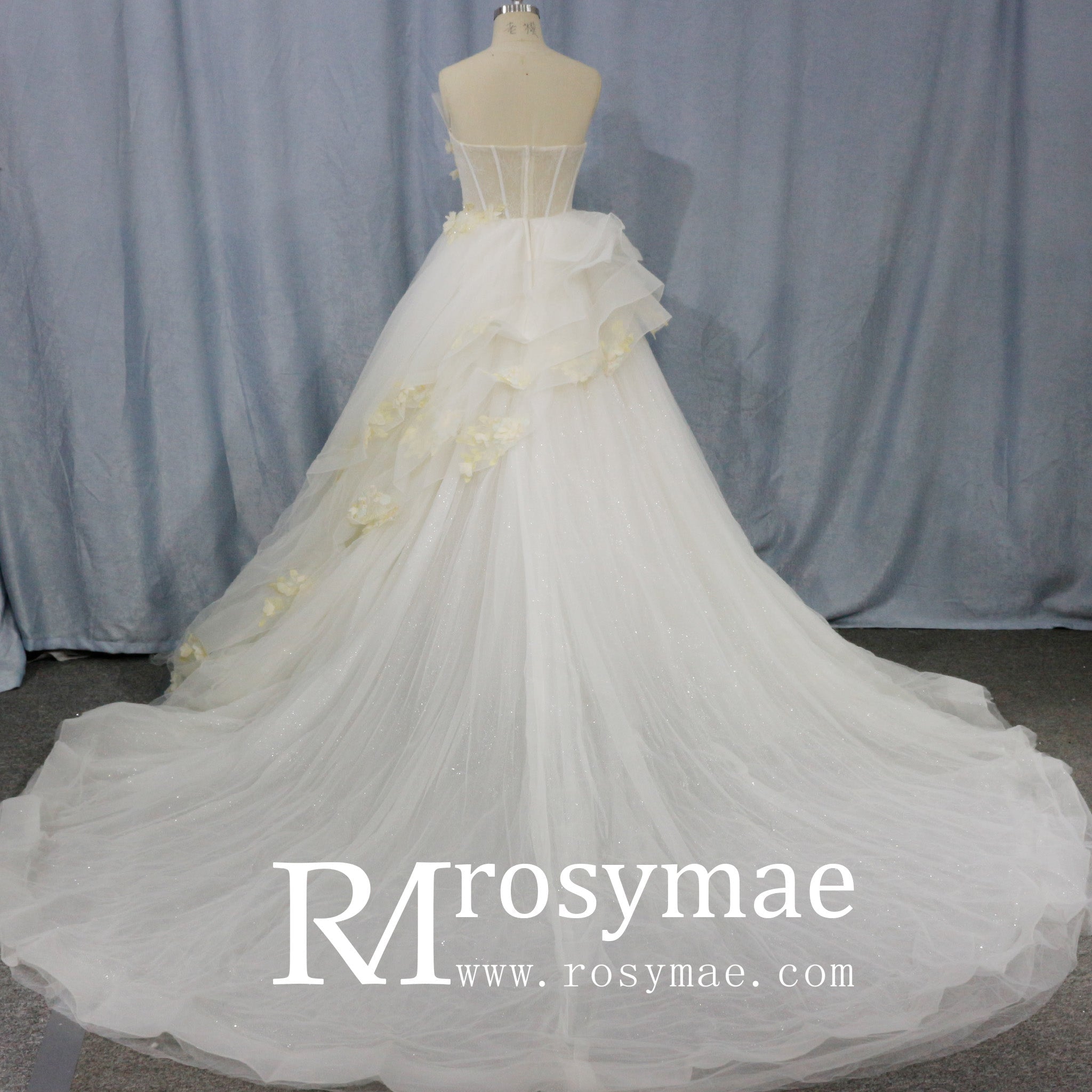 Ballgown Appliqued Strapless Tulle Wedding Dress With Flower - Rosymae