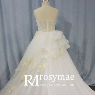 Ballgown Appliqued Strapless Tulle Wedding Dress With Flower - Rosymae