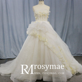 Ballgown Appliqued Strapless Tulle Wedding Dress With Flower - Rosymae