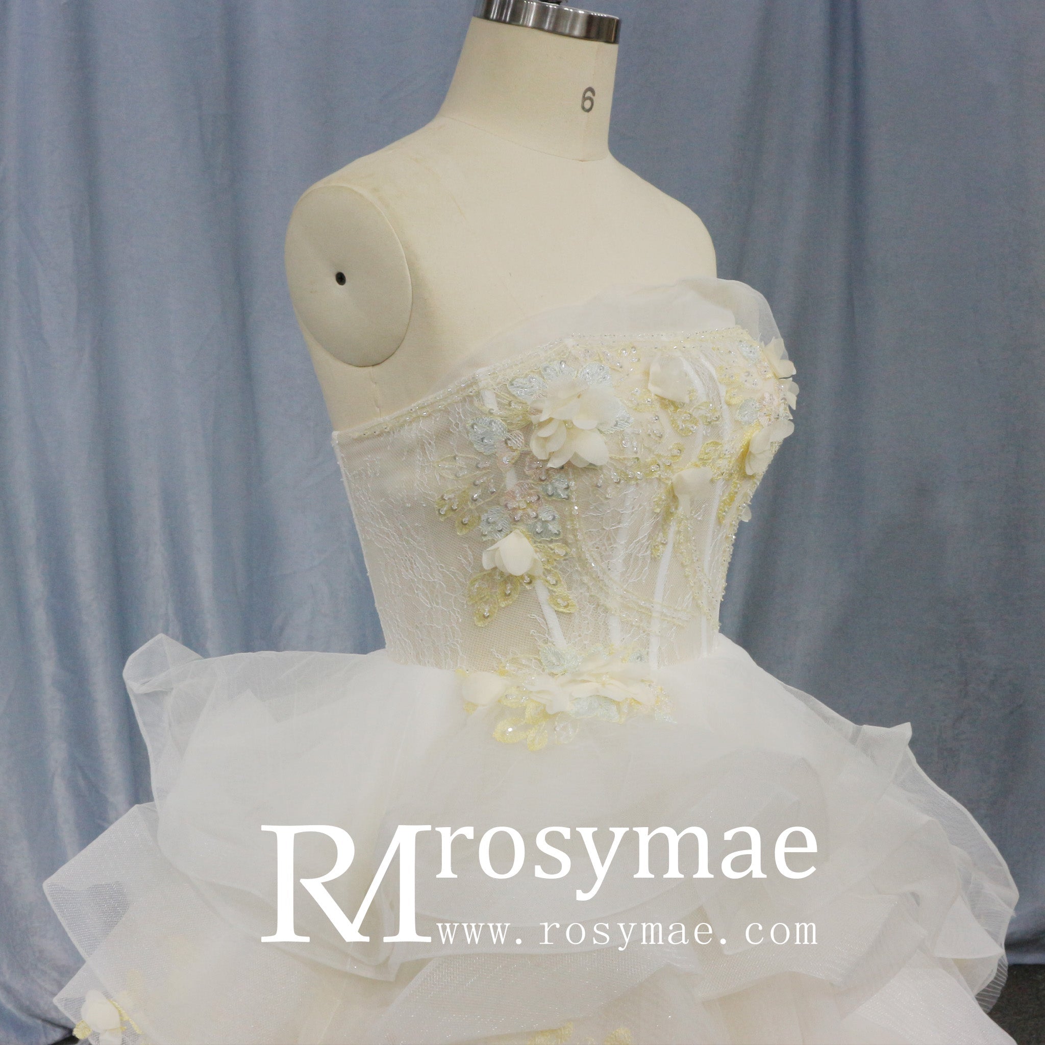 Ballgown Appliqued Strapless Tulle Wedding Dress With Flower - Rosymae