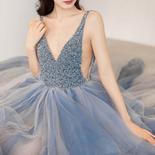 Deep V-neck Beaded Crystals A-line China Blue Formal Dresses