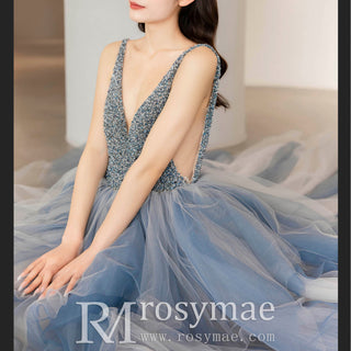 Deep V-neck Beaded Crystals A-line China Blue Formal Dresses