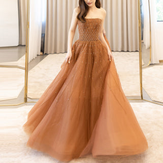Boat Neck Beaded Tulle Rusty Formal Dress Strapless Prom Party Gown