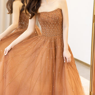 Boat Neck Beaded Tulle Rusty Formal Dress Strapless Prom Party Gown