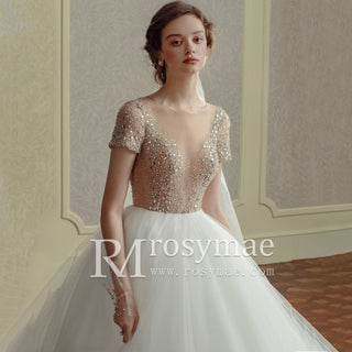 Elegant Sheer Vintage Short Sleeve Wedding Dress for Bride