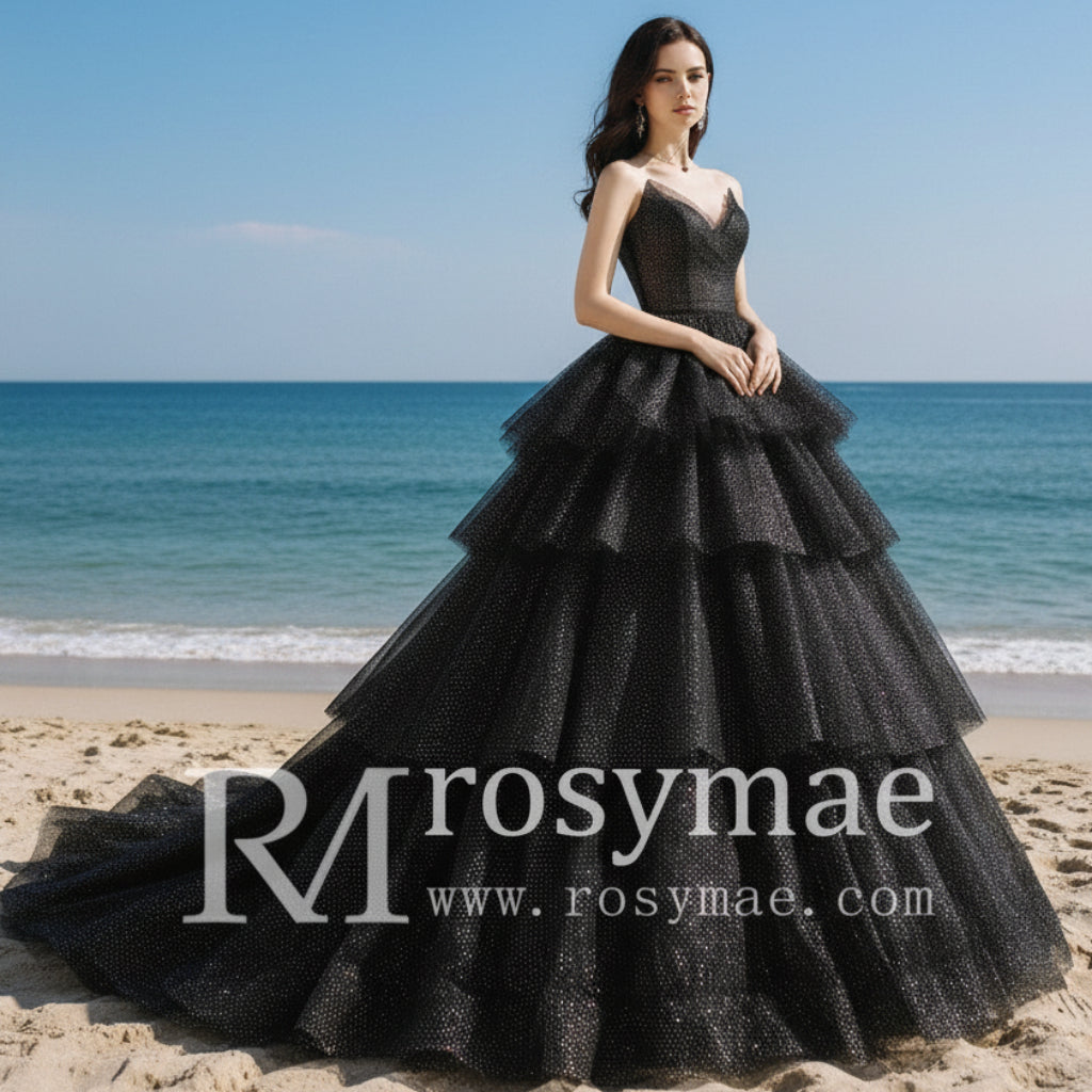 Strapless A-line Black Wedding Dress with V Neckline for Women Black / 2 Strapless A-line Black Wedding Dress with V Neckline for Women Black / 2
