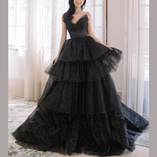 Strapless A-line Black Wedding Dress with V Neckline for Women