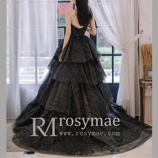 Strapless A-line Black Wedding Dress with V Neckline for Women
