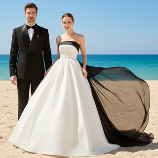 Black and White A-line Satin Wedding Dresses Bridal Gowns - Rosymae