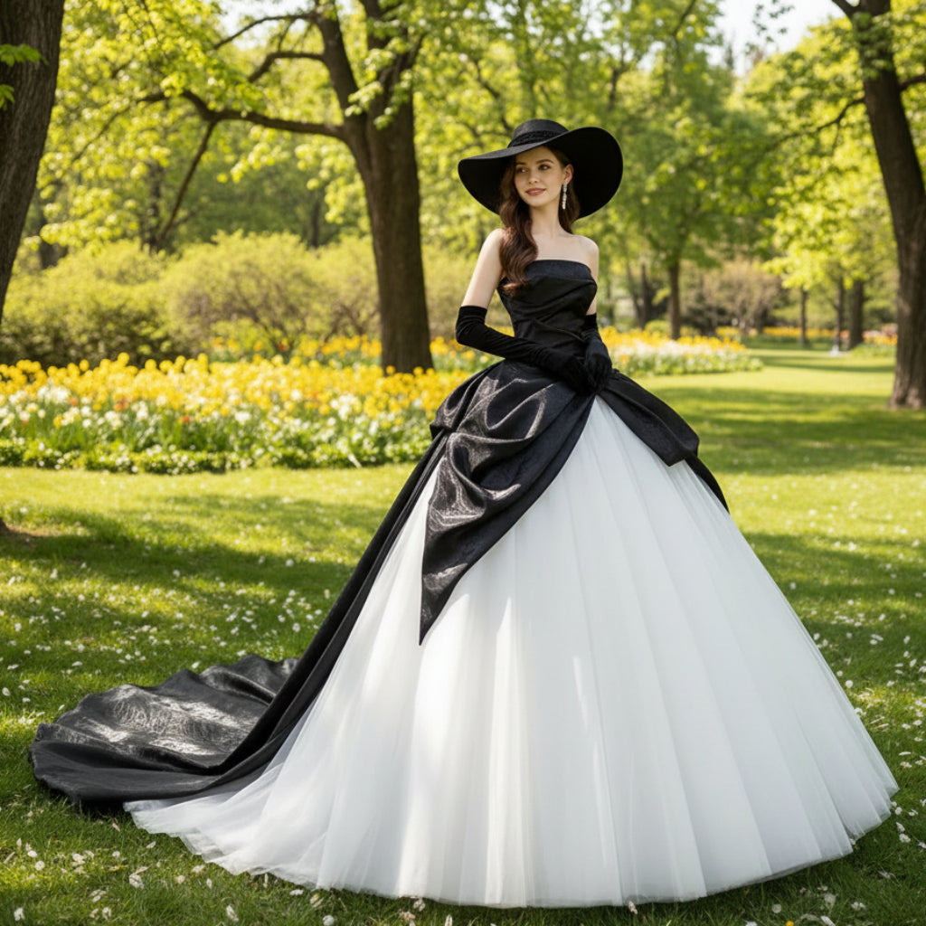 Black and White Wedding Dresses with Ballgown Strapless Neck White and Black / 24W Black and White Wedding Dresses with Ballgown Strapless Neck White and Black / 24W