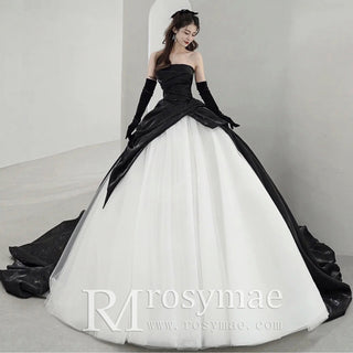 Black and White Wedding Dresses with Ballgown Strapless Neck