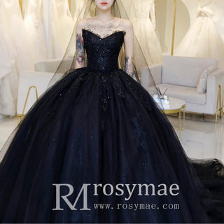 Elegant Black Lace Ball Gown Wedding Dress Strapless Neck]