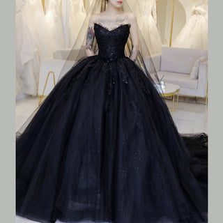 Elegant Black Lace Ball Gown Wedding Dress Strapless Neck