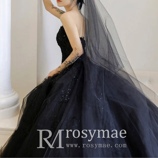 Elegant Black Lace Ball Gown Wedding Dress Strapless Neck