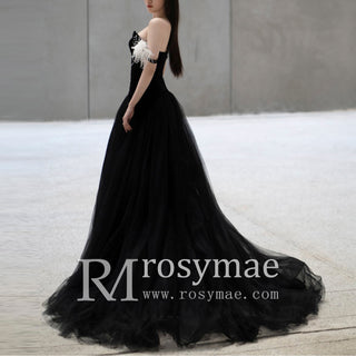 Charming V-neck Black Tulle Bridal Wedding Dress Off the Shoulder