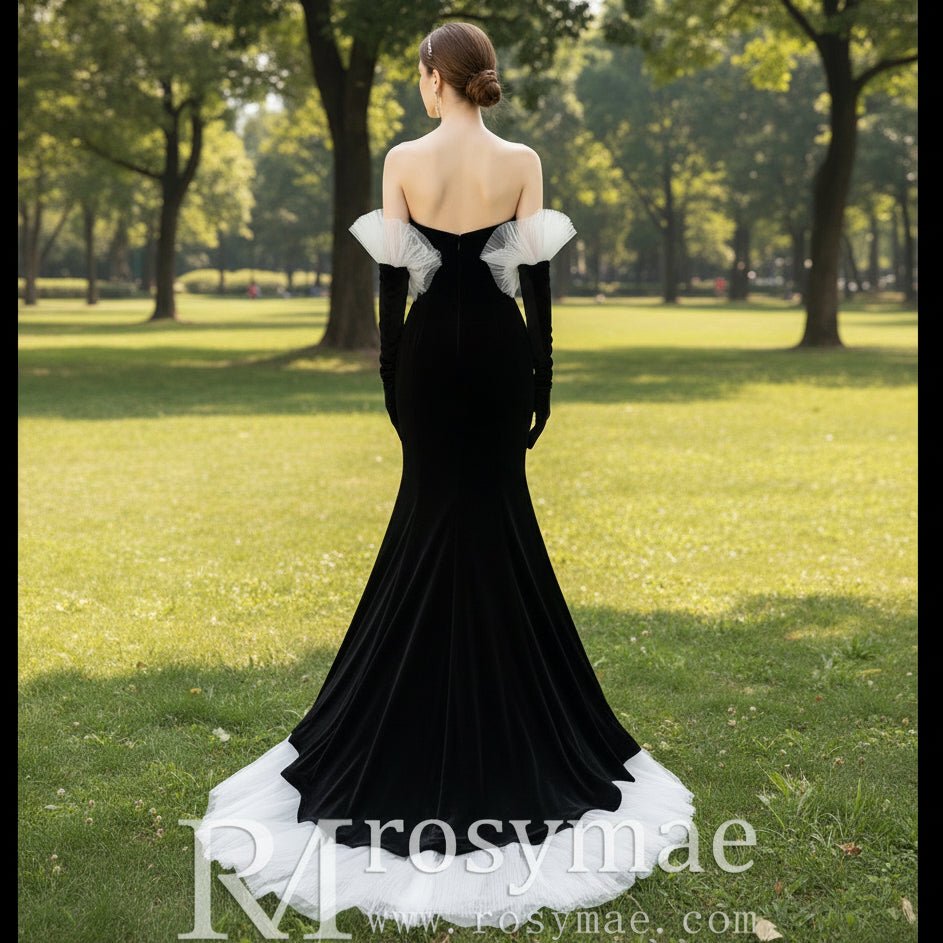 Black White Trumpet Mermaid Wedding Dress With Curve Neck - Rosymae