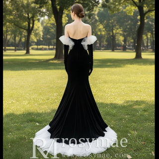 Black White Trumpet Mermaid Wedding Dress With Curve Neck - Rosymae
