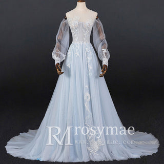 Dreamy Light Blue Wedding Dress with Long Sleeve