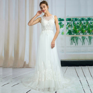 Fashionable Sheer Bodice Boat Neck Wedding Dress with Floral Lace