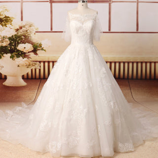 Boho Sheer Neck Floral Lace Ball Gown Wedding Dresses with Sleeves