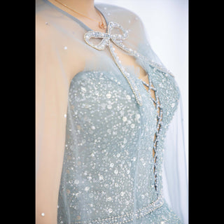 Boho Mint Sequin Formal Dress Evening Party Gown with Cape