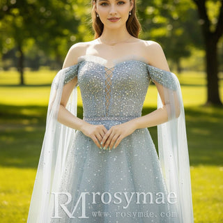 Boho Mint Sequin Formal Dress Evening Party Gown with Cape - Rosymae