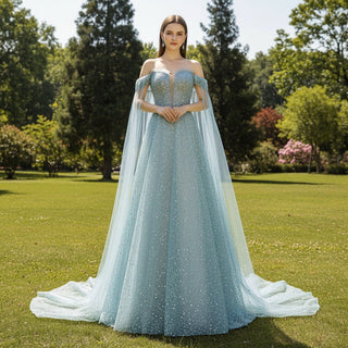 Boho Mint Sequin Formal Dress Evening Party Gown with Cape