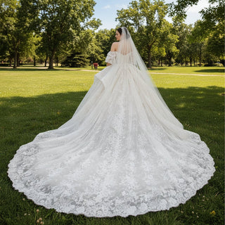 Boho Off-Shoulder Lace Ball Gown Wedding Dress - Rosymae
