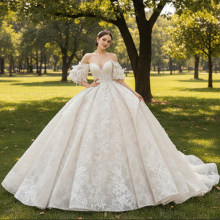 Boho Off-Shoulder Lace Ball Gown Wedding Dress - Rosymae
