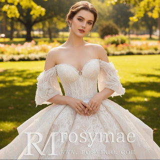 Boho Off-Shoulder Lace Ball Gown Wedding Dress - Rosymae