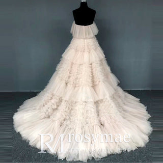 Strapless Boho Ruched Tulle Bridal Gown Wedding Dress A-line