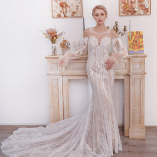 Boho Sleeves Mermaid Wedding Dresses With Long Train - Rosymae