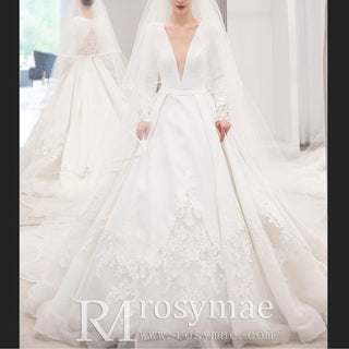 V-Neck Long Sleeve Wedding Dress with Pocket & High Sheer Back