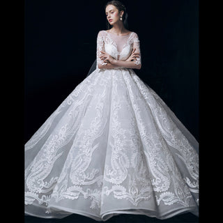 Royal Train Sheer Wedding Dress Bride Half Sleeve Ball Gown
