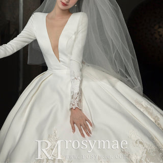 V-Neck Long Sleeve Wedding Dress with Pocket & High Sheer Back