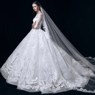 Royal Train Sheer Wedding Dress Bride Half Sleeve Ball Gown