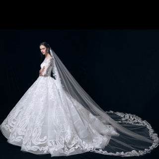 Royal Train Sheer Wedding Dress Bride Half Sleeve Ball Gown