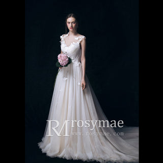 Butterfly Appliqued Tulle A-Line Wedding Dress with Sheer Neck