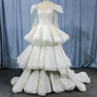 Cap Illusion Sheer Long Sleeves Wedding Dresses with Multi Layer - Rosymae