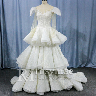 Cap Illusion Sheer Long Sleeves Wedding Dresses with Multi Layer - Rosymae