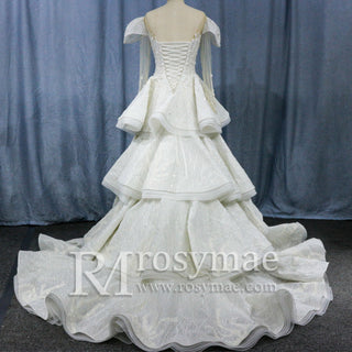 Cap Illusion Sheer Long Sleeves Wedding Dresses with Multi Layer - Rosymae